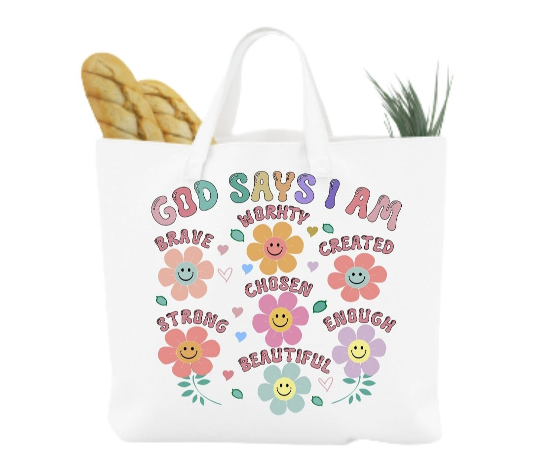 God Says I am Canvas bag